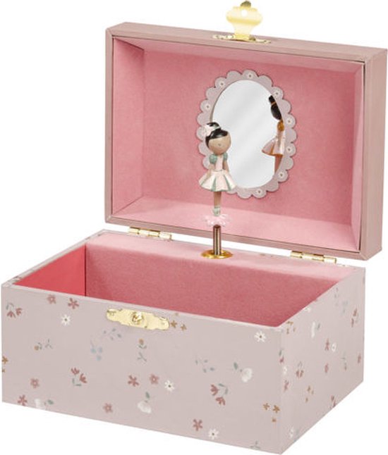 Open roze muziekdoosje met bloemenprint, ballerina en spiegel.