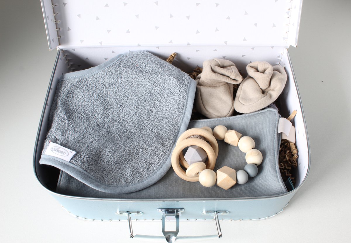 Goedkoopste Koffertje grijs/blauw - cadeau baby - kraammand - kinderkoffertje - kraamcadeau - cadeau babyshower