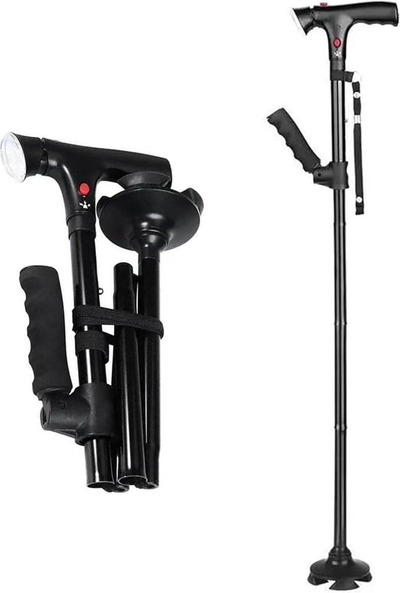 Wandelstok - Opvouwbaar - Extra handvat – Verstelbaar - 86-97cm hoog - max 105kg - Incl: Led licht en sos alarm