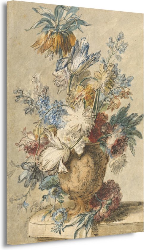 Boeket lentebloemen in een terracotta vaas - Jan van Huysum schilderij - Bloemen schilderij - Schilderijen canvas Natuur - Schilderij vintage - Canvas keuken - Woonkamer accessoires 100x150 cm