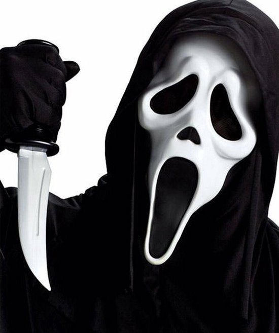 Spookgezicht masker en zwarte mantel met mes.