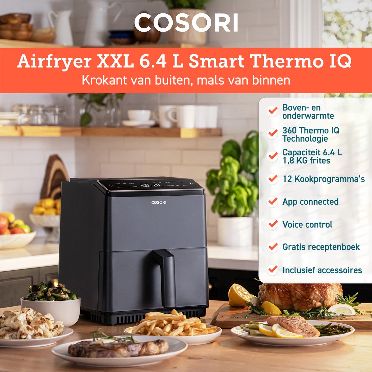COSORI CP158-AF Friteuse zonder olie, 5,5 l, XXL met 100 recepten, 1700 W, heteluchtfriteuse met 11 programma's en ook voor het koken, frituren, braden en grillen van alle levensmiddelen, zwart