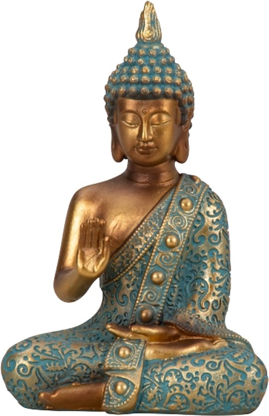Boeddha beeld Shaman - binnen/buiten - kunststeen - goud/jade - 10 x 14 cm