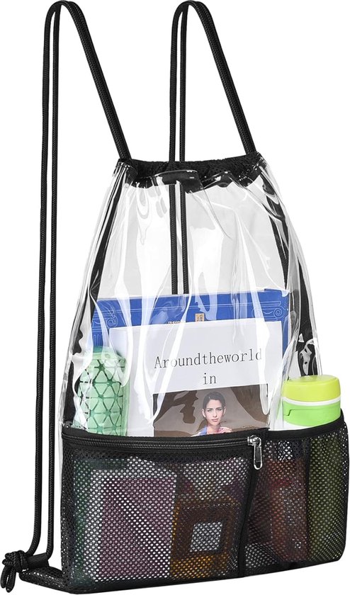 Doorzichtige tas met trekkoord - PVC-rugzak met trekkoord en mesh-zak met ritssluiting aan de voorkant-34*45 cm