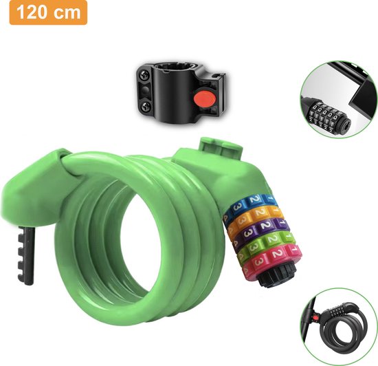 Colorful Sun® Fietsslot met cijferslot - Ø12mm / 120cm - Met vaste beugel - 1 stuk - Kabelslot Fiets - Slot voor Fietsen - Motorslot - Fietssloten electrische fietsen - Code Kabelslot - Cijfercombinatieslot - Groen