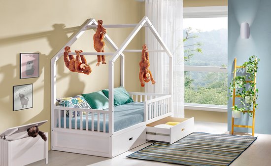 Kinderhuisbed - Kinderbed van grenenhout - Wit kinderbed - Bed met lades - Bed met frame