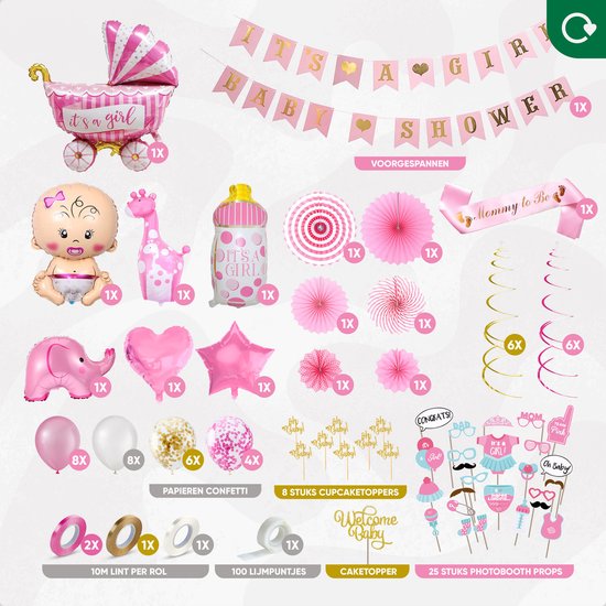 Fissaly 80 Stuks Babyshower Meisje & Gender Reveal Versiering – Baby Girl – Mommy to Be Party Decoratie Pakket - Fissaly