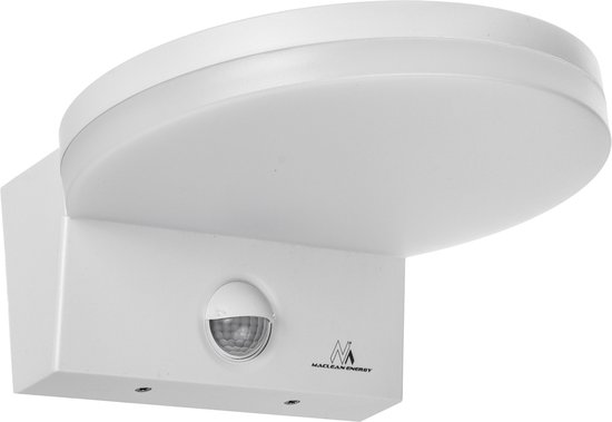 Witte LED-wandlamp met PIR-sensor, vanuit een lage hoek gefotografeerd, met logo.
