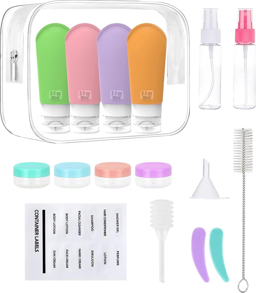 Goedkoopste 17 stuks siliconen reisflessen, 90 ml, lekvrij, navulbare draagbare reiscontainer, reisset met siliconen reisflessen, draagbare reiscontainer, voor shampoo, lotion, spoeling, douchegel