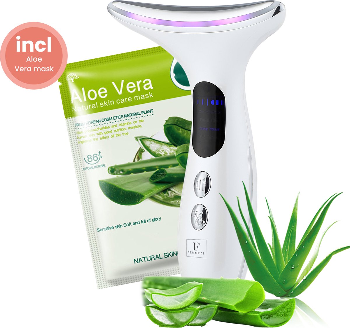 F Femmez Facelift huidverjongingsapparaat – Gezichtsreiniger - Verminderen van Acne, Lijnen, Rimpels en Vermoeidheid - Inclusief Aloe Vera masker
