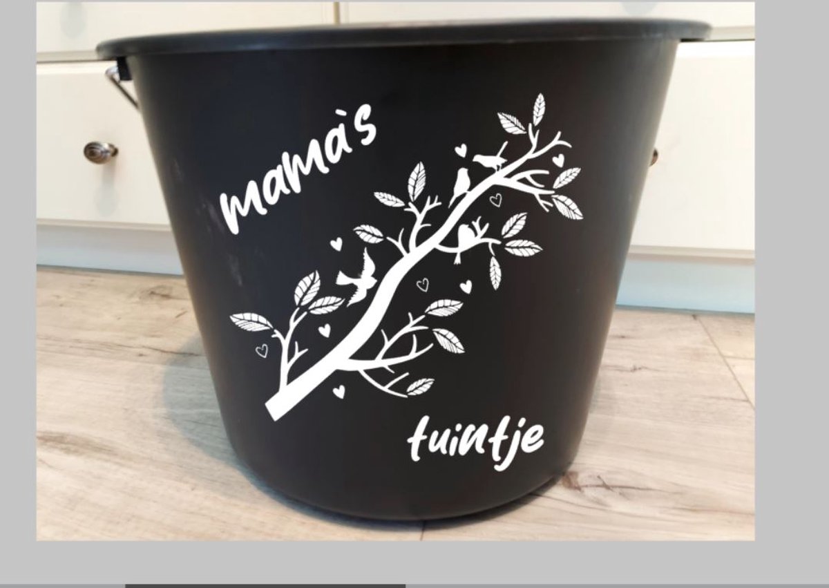 Bedrukte emmer mama`s tuintje, Bedrukte emmer, Emmer, Mama`s tuintje, Emmer met tekst, Moederdag, Cadeau, Cadeau emmer