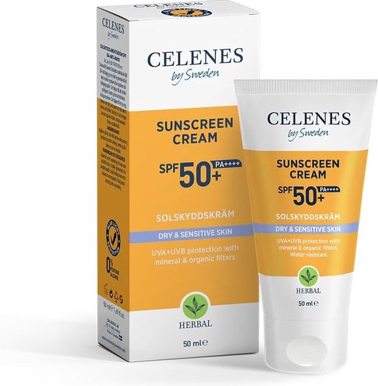 Celenes by Sweden Écran solaire à base de plantes SPF50+ pour peaux sèches et sensibles - 50 ml - Filtres minéraux et organiques, huile d'avocat et Vitamine E, résistant à l'eau, sans résidus Witte , sans parabènes ni Parfum, végétalien