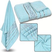 Hemelsblauwe Katoenen Handdoek met Decoratief Borduurwerk, Grijs Borduurwerk 48x100 cm