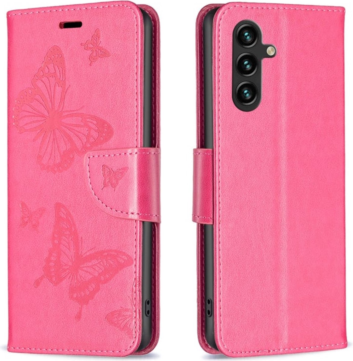 PU BookCover Hoes Etui geschikt voor Samsung Galaxy A15 - Vlinders - Donker Roze