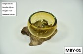 Prohobtools - Gesmolten glas op hout - Mini Amberkleurige kom - Glazen kom op stronk - Boomstronk met glas - mini bol - Ideaal als cadeau