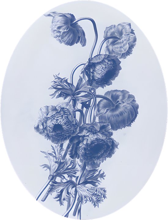 Knolanemoon - ovaal 30x40cm - Prachtige Blauwtinten - Bloemen - Forex Muurcirkel - Wanddecoratie | NUUW at home