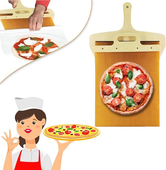Een kok houdt een pizza omhoog en een pizzaschep met een pizza erop.