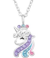 Joy|S - Zilveren eenhoorn paard hanger - kristal - unicorn - inclusief ketting 45 cm - zilver met roze paars en blauw - sterling zilver 925