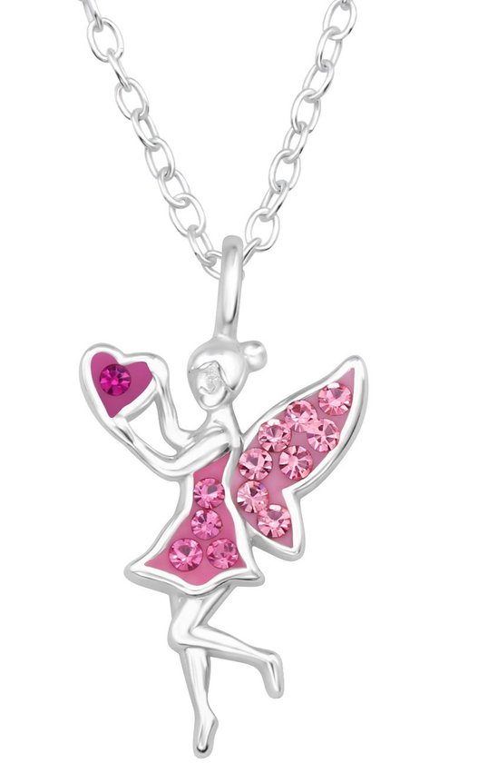 Joy|S - Zilveren fee / elfje hanger - hartje - fairy - inclusief ketting 39 cm (extra oogje bij 36 cm) - zilver met roze en roze kristal