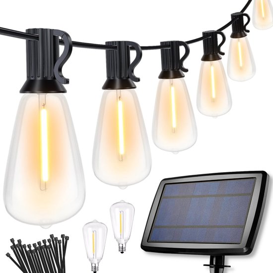 Partizzle 15m Waterdicht Lichtsnoer Edison op Zonne Energie - Dimbaar / 25 LED Lampjes - Camping en Zonneenergie Tuinverlichting Slinger - Solar Lichtslinger voor Buiten - 2700k / Warm Wit