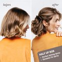 Voor en na foto van een vrouw met steil naar een half opgestoken bob kapsel.