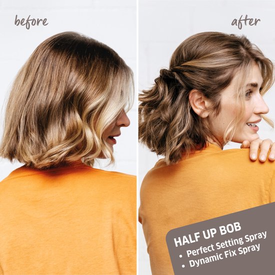 Voor en na foto van een vrouw met steil naar een half opgestoken bob kapsel.