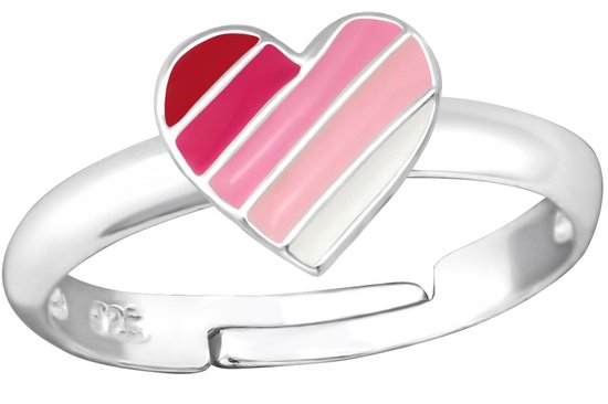 Joy|S - Zilveren hartje ring verstelbaar - roze naar wit gestreept - voor kinderen