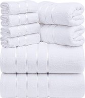 8-delige luxe handdoekenset, 2 badhanddoeken, 2 handdoeken en 4 washandjes, 97% ringgesponnen katoen zeer absorberend viscose streep handdoeken ideaal voor dagelijks gebruik (Wit)