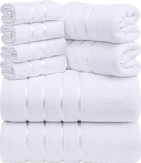 8-delige luxe handdoekenset, 2 badhanddoeken, 2 handdoeken en 4 washandjes, 97% ringgesponnen katoen zeer absorberend viscose streep handdoeken ideaal voor dagelijks gebruik (Wit)