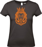 Dames t-shirt Leeuw Met Kroon Oranje | Koningsdag kleding | Oranje Shirt | Zwart Dames | maat L