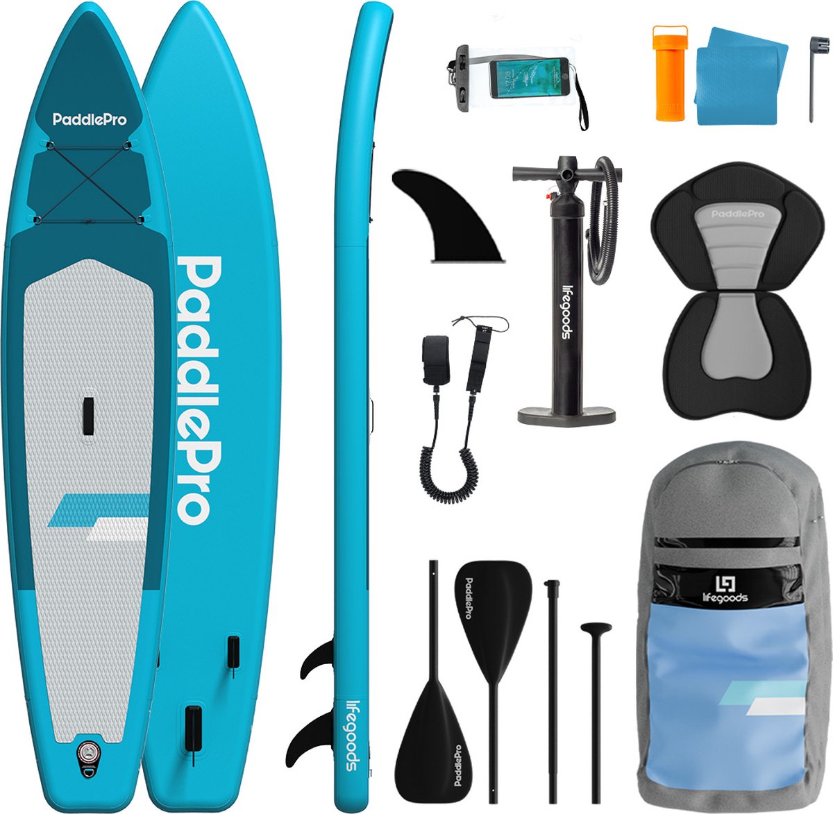 LifeGoods SUP Board Touring - 165 KG Draagkracht - 365 x 76 cm - Opblaasbaar - met Zitje - Compleet Sup pakket - Blauw