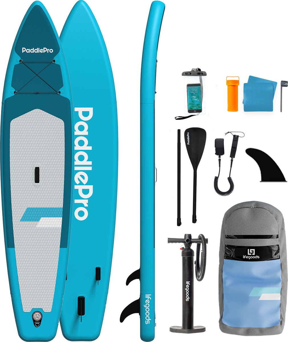 LifeGoods SUP Board Touring - 165 KG Draagkracht - 365 x 76 cm - Opblaasbaar - Compleet Sup pakket - Blauw