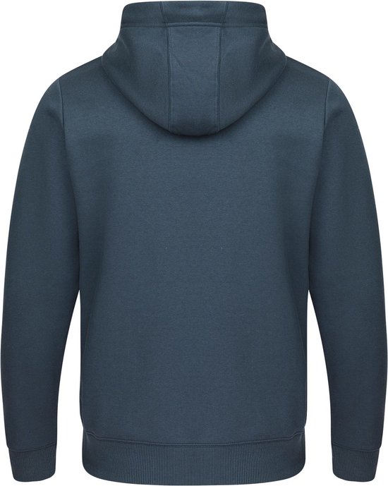Donkerblauwe hoodie van de achterkant, met capuchon en lange mouwen.