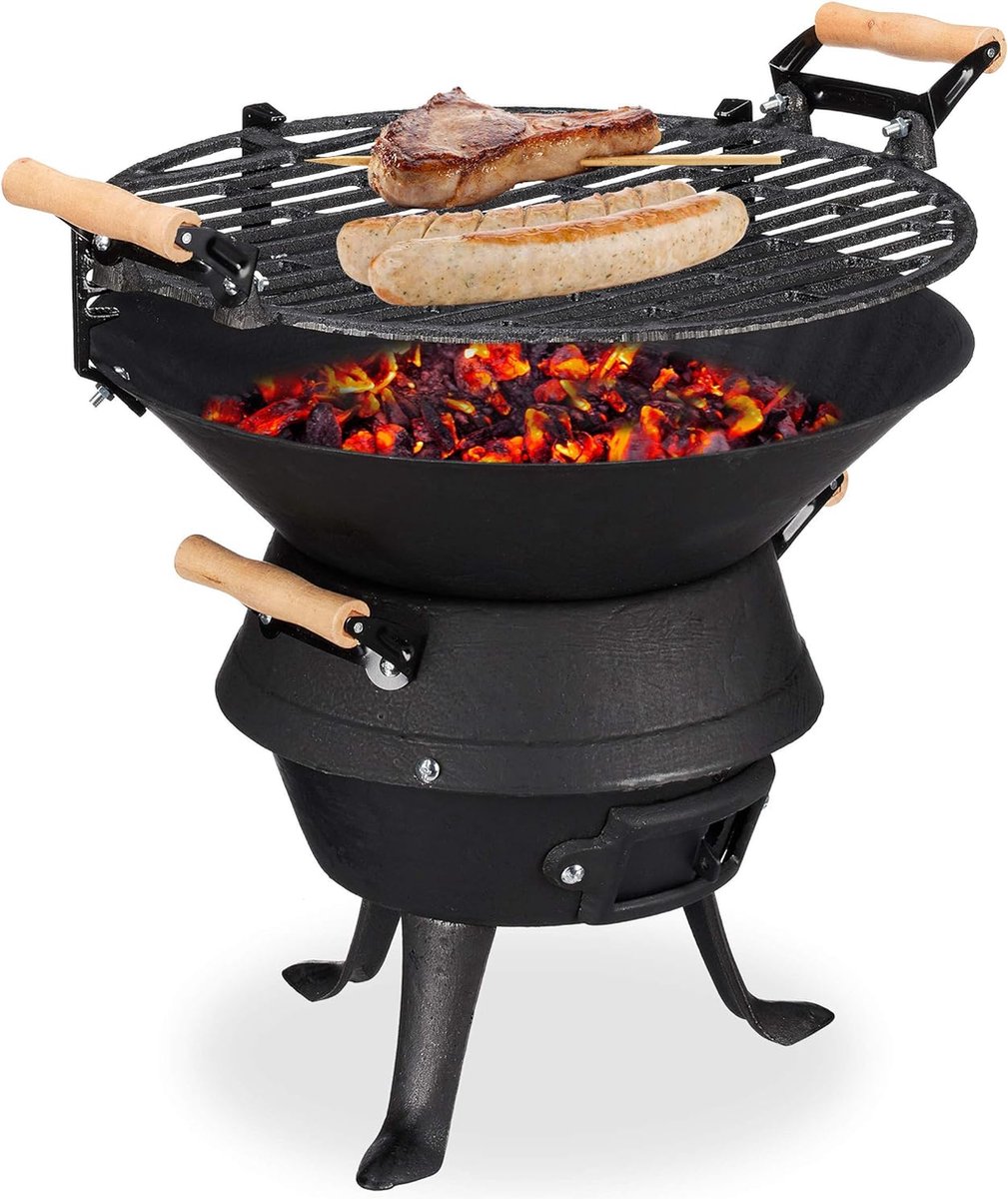 Houtskoolbarbecue met gietijzeren rooster en hoogteverstelling - Ventilatie voor houtskolen - HBD: 40x45x36 cm zwart Barbecue