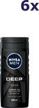 Een enkele fles Nivea Men Deep Clean douchegel, 250 ml, met de tekst '6x' erboven.