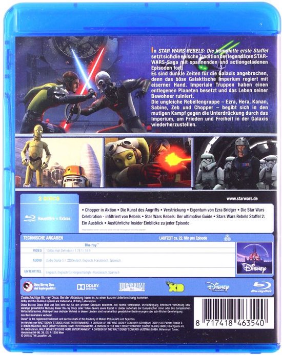 Achterkant Blu-ray hoes van Star Wars Rebels, Seizoen 1. Beschrijft de eerste 15 afleveringen en de personages.