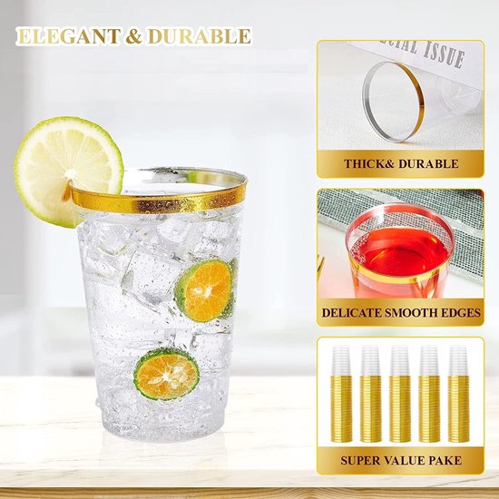 60 Stuks Plastic Bekers Met Roségoudkleurige Rand, 270 Ml Plastic Bekers Herbruikbare Drinkbekers Elegante Feestwijnglazen Voor Champagne Bier Cocktail Martini Frisdrankdessert 8 9 X 7 1
