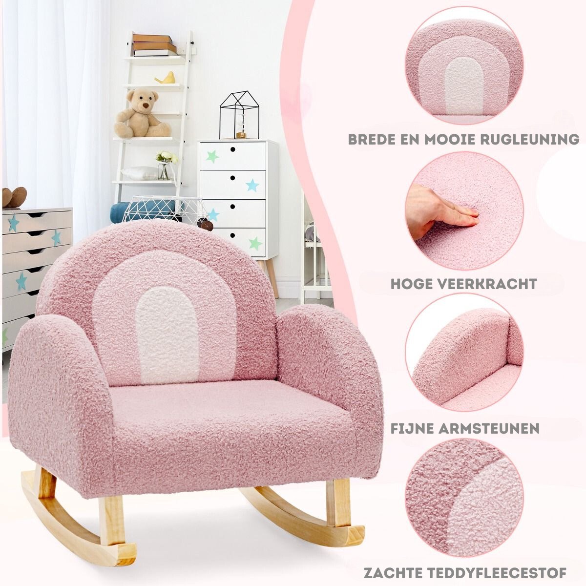 Trendmix Kinderschommelstoel Teddy Roze – Ergonomisch – Voor Kind 3-5 Jaar – Houten Schommelstoel – 50,8 × 49,5 × 50,8 cm — afbeelding 5