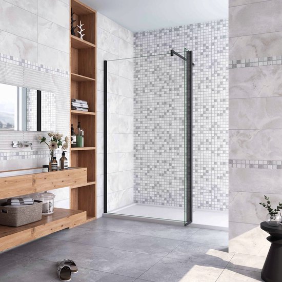 100x200cm zwarte inloopdouche + 40x200cm draaibaar hoekprofiel + F-vorm 90cm Stabilisatiestang 8mm EasyClean veiligheidsglas douchepartitie