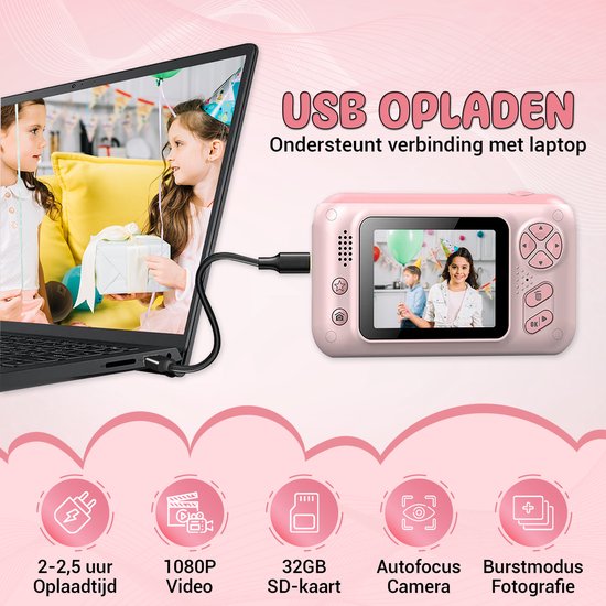 Roze kindercamera met op de display een foto van een meisje met een ballon. Verbinding met laptop via USB wordt getoond.