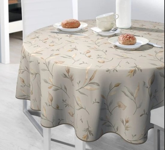 Nappe Bonita - 160 cm Ronde - Crème - Beige - Feuilles - PVC - Lavable - Bord de protection - Extra résistante