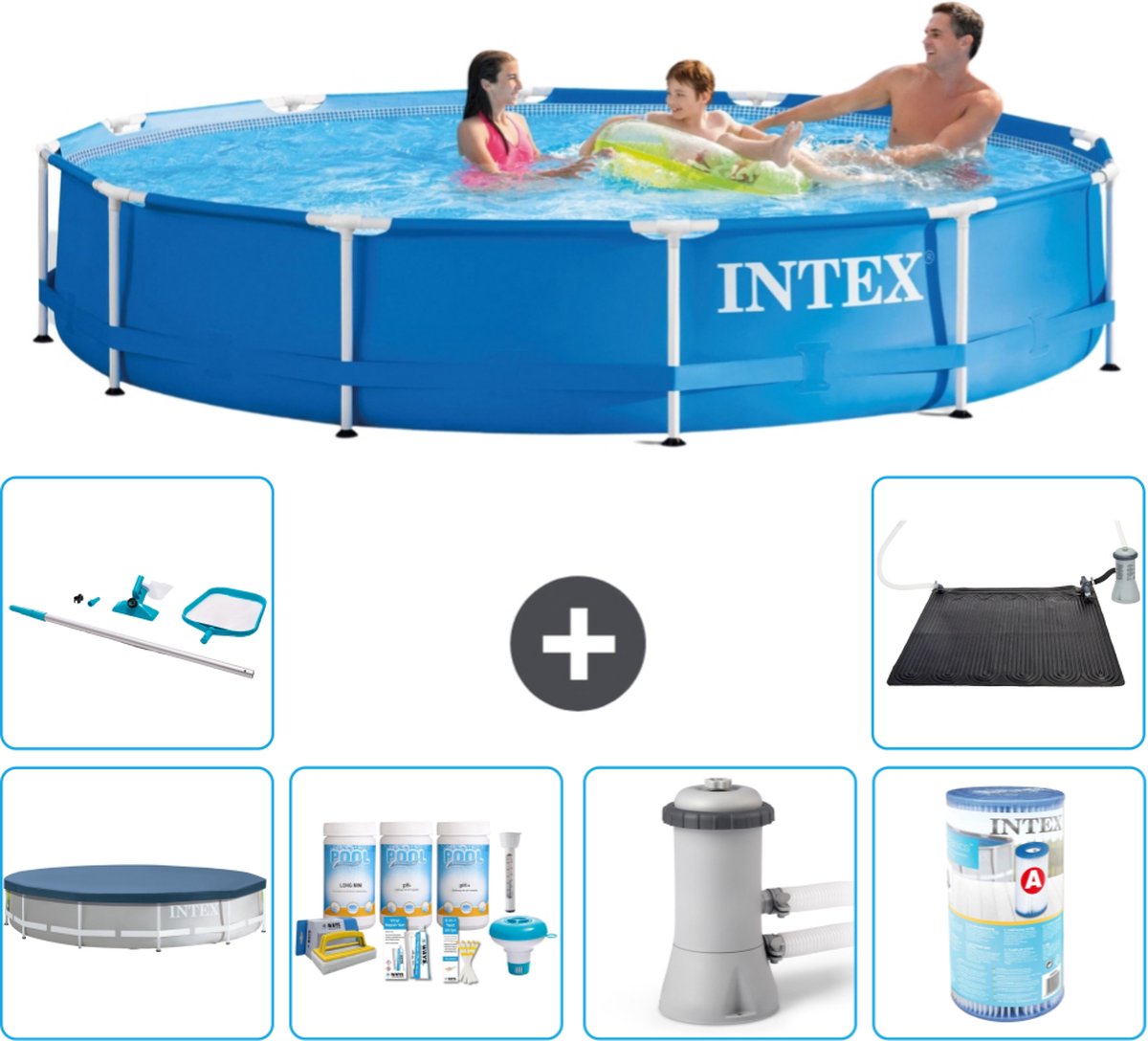 Intex Metal Frame Intex Rond Frame Zwembad 366 x 76 cm Blauw Inclusief Afdekzeil Onderhoudspakket Zwembadfilterpomp Filter Schoonmaakset Solar Mat