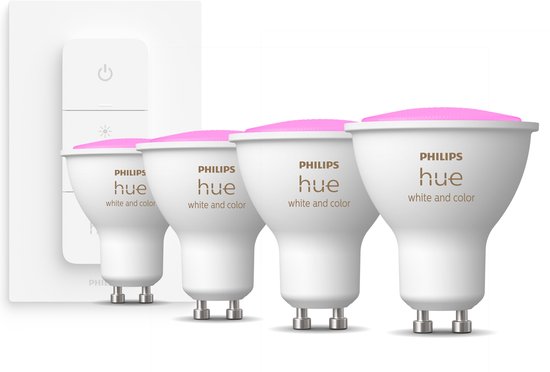 Philips Hue GU10 spot bundel 4 stuks - wit en gekleurd licht - 5,7W - Bluetooth - 1 Dimmer Switch - Dimbaar