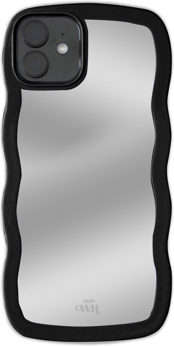 xoxo Wildhearts Wavy mirror case Black telefoonhoesje - Geschikt voor iPhone 12 - Golvend spiegelhoesje - Wolken hoesje - Schokbestendig - Cloud case - Silicone case met spiegel - Zwart