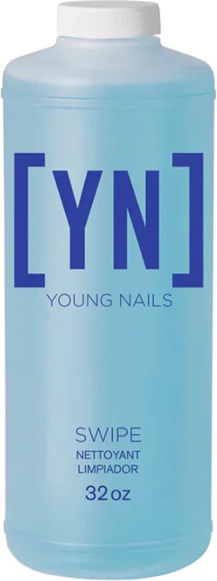 Jonge nagels veeg 32 oz lichtblauwe vloeistof in een doorzichtige fles met blauw logo.