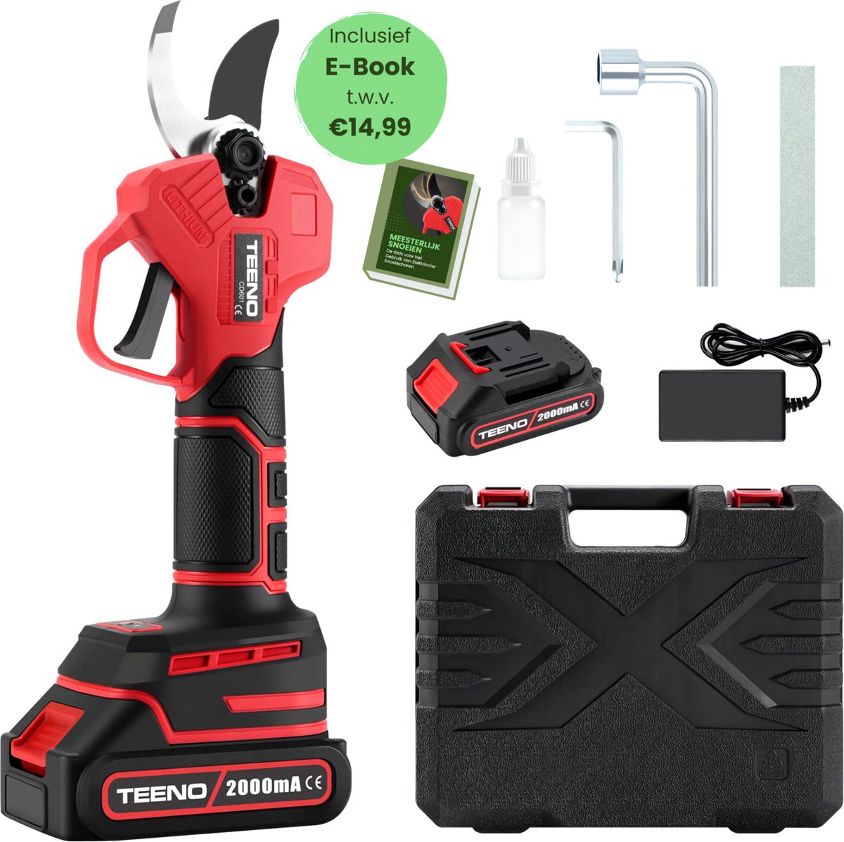 TEENO Elektrische Snoeischaar Incl. Koffer met 1 Accu + Lader Takkenschaar 25mm Tuin Gereedschap Heggenschaar Accu Snoeischaar