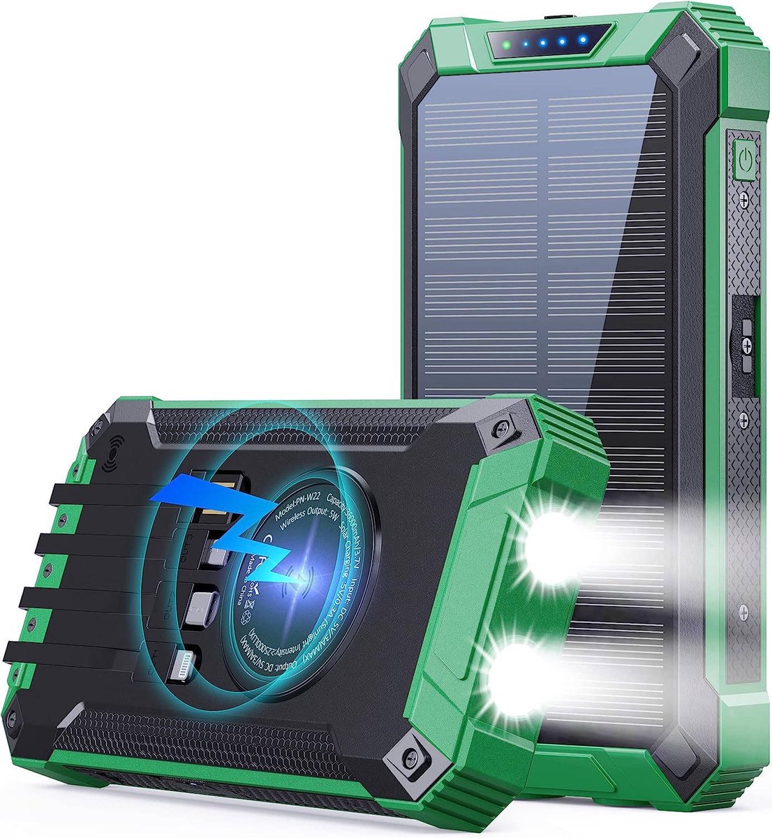 Priprolar® Powerbank 30000 mAh - Solar Powerbank - Iphone & Samsung - Solar Charger - Zonneenergie - Snellaadfunctie - Vier ingebouwde oplaadkabels - Drie USB poorten - Wireless charger - Zaklamp - Waterdicht