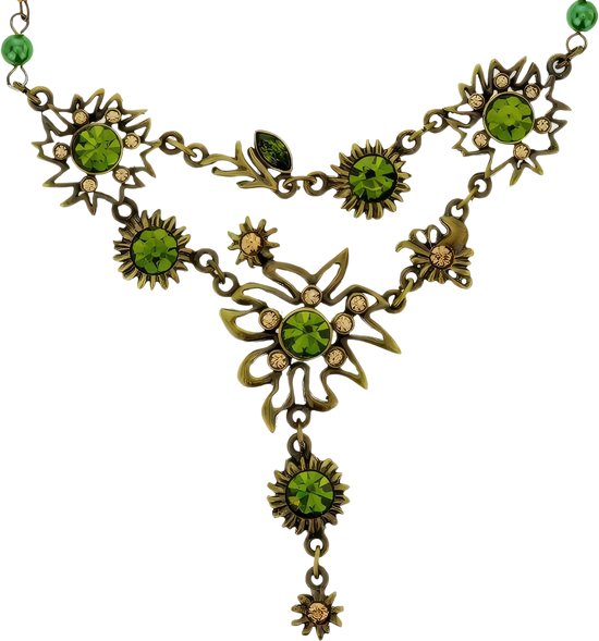 Behave Ketting antiek-goud-kleur met bloem hanger en groene stenen