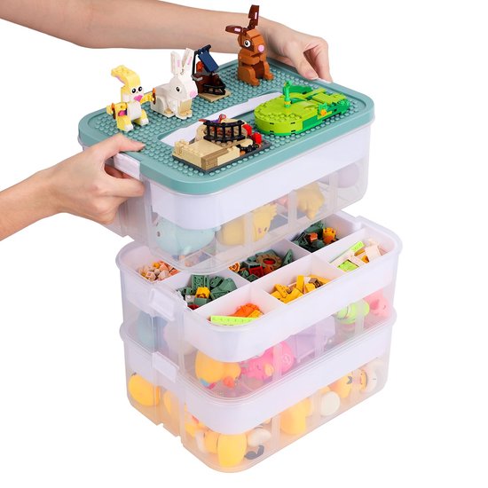 Opbergdoos voor speelgoed, organizer voor Lego, 3-laags, stapelbaar, bouwstenen-container, onderverdeeld, baksteen, puzzel-sorteerder, speelgoedsorteerdoos, opbergcontainer (olijfgroen)