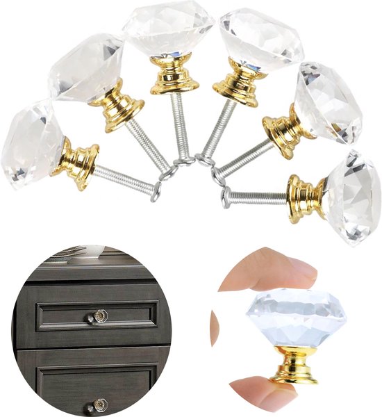 6 Stuks - Diamant Deurknop - Glas Glazen Kristal Deur Knop - Cabinet Knobs - Golden Doorknob - Furniture Knob - LOUZIR
